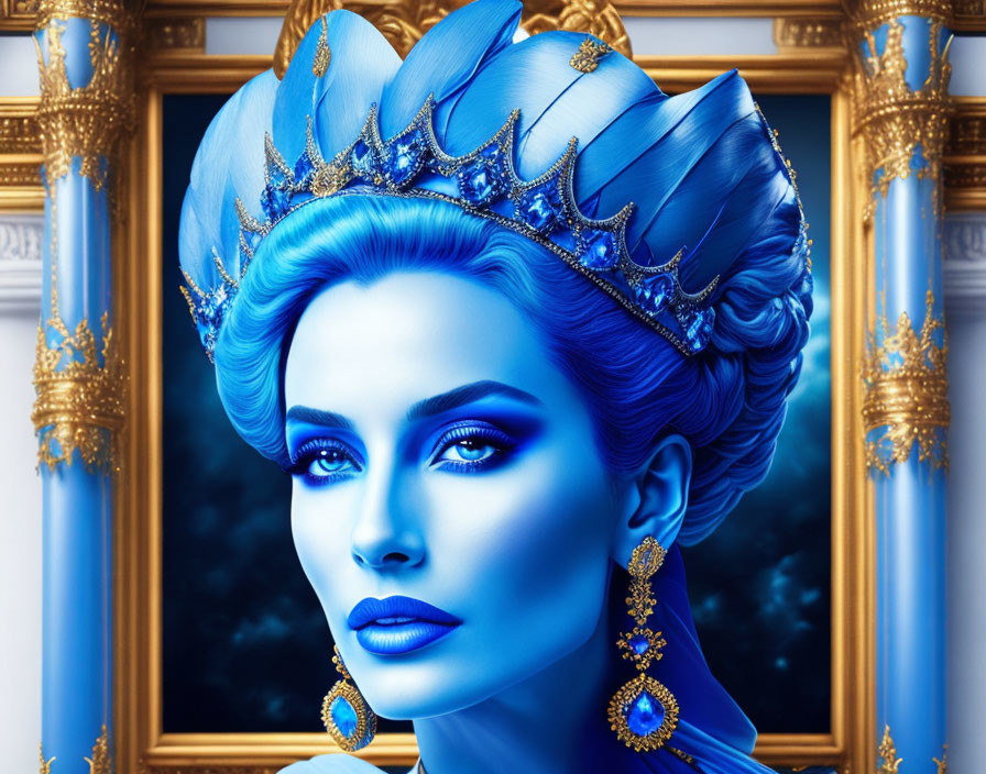 Blue-skinned woman with intricate headpiece in digital art.