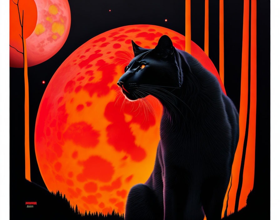 Black cat in front of red moon with silhouetted trees and waterfalls - mystical nighttime scene