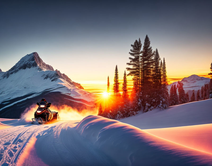 Snowmobile crossing snow landscape with mountain backdrop at sunset