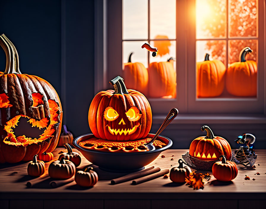 Cozy Halloween kitchen with pumpkins, candy bowl, and autumn decor