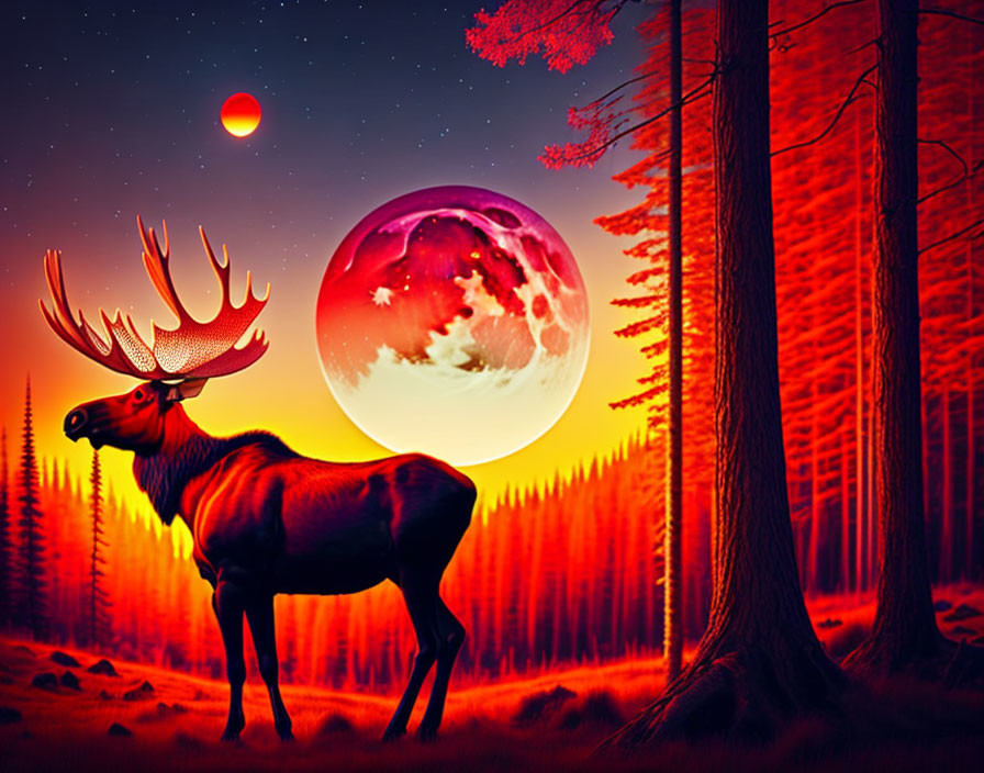 Majestic elk in surreal forest with oversized moons and glowing trees