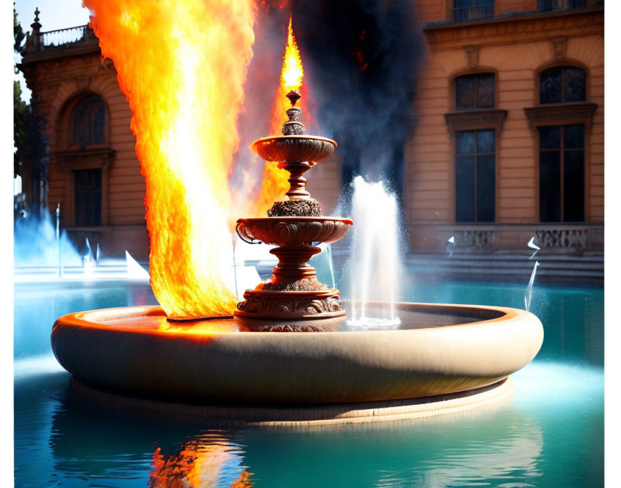 Ornate sculpture fountain with water jets and fire burst against building backdrop