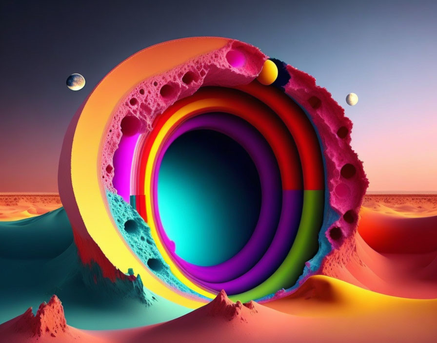 Vibrant abstract landscape with layered circular shapes and textured planets.