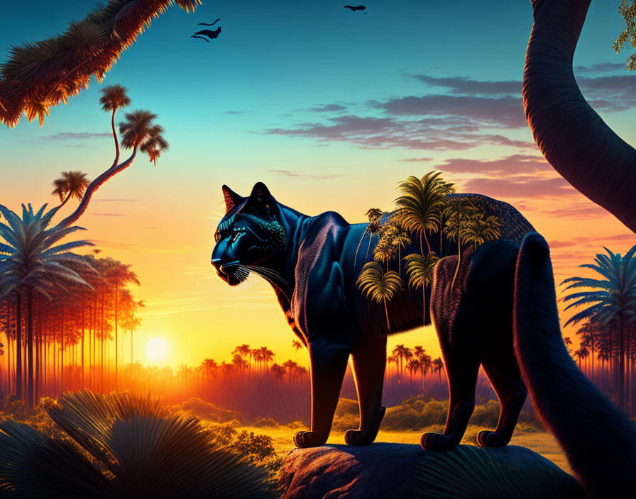 Large black cat with celestial night sky pattern against vibrant sunset