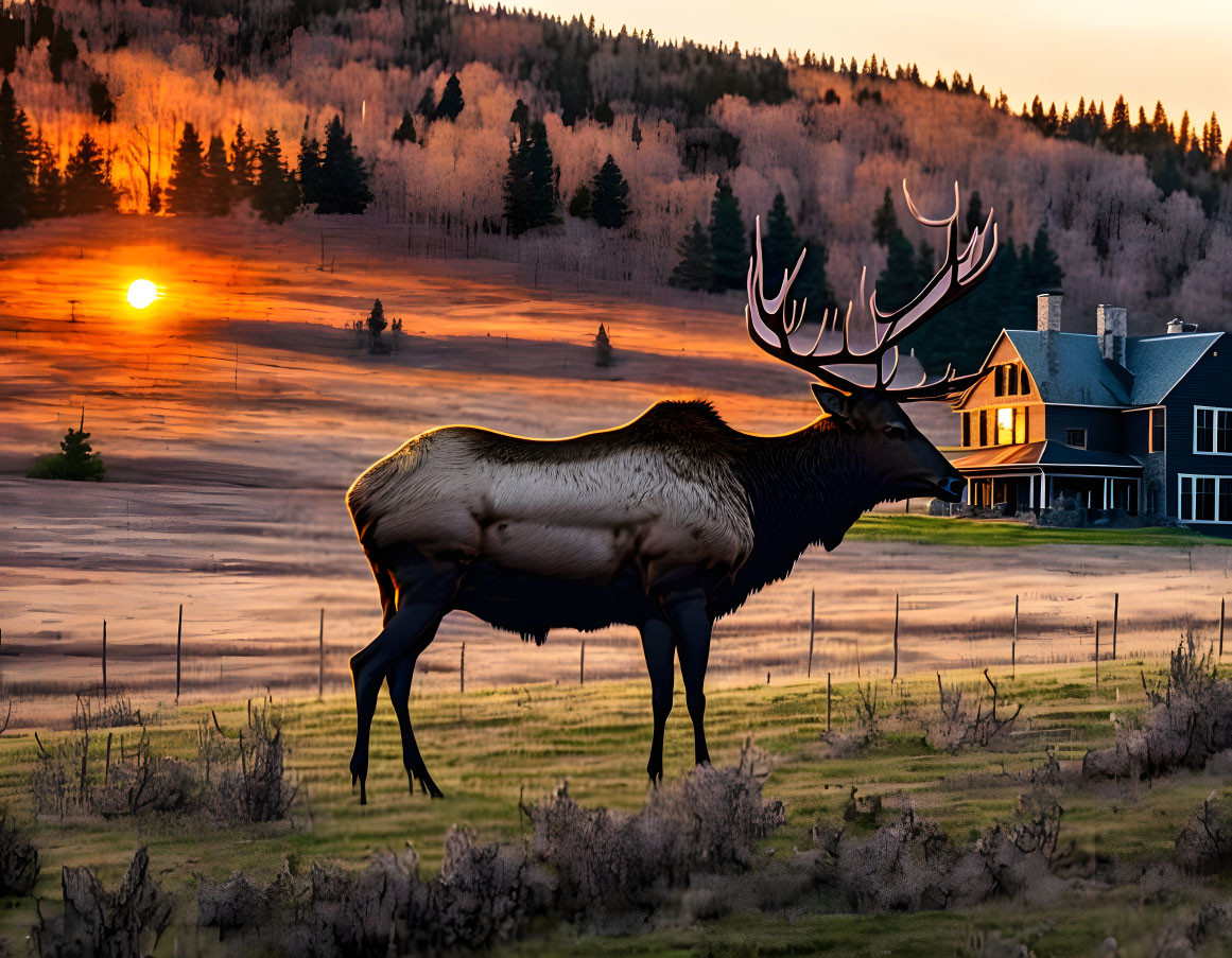 Elk in field at sunset with cozy house and fiery trees