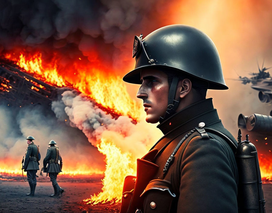 Soldiers in old military uniforms amid flames and smoke with aircraft in dramatic sky