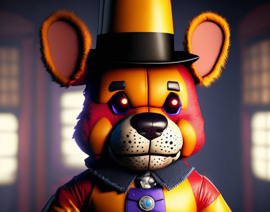 Colorful animatronic bear with top hat, bow tie, and glowing purple eyes in game character