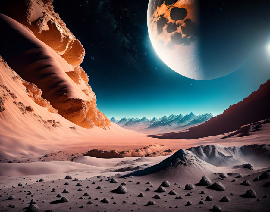 Surreal desert landscape with towering rock formations and starry sky