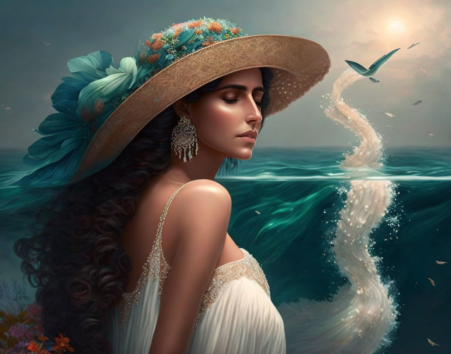 Woman in white dress and flower hat by ocean with birds.