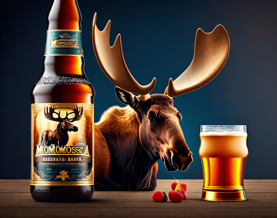 Beer bottle with moose label, pint glass, raspberries, and moose in background