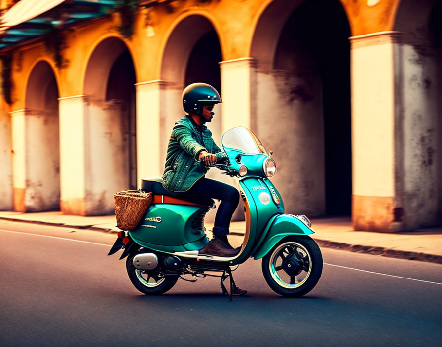 Helmeted person on teal scooter speeds past yellow buildings with motion blur.