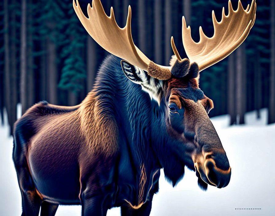 Majestic moose with prominent antlers in snowy forest