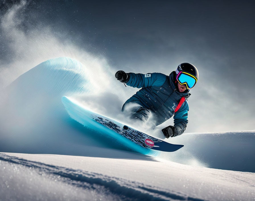 Snowboarder in Blue Jacket Carving Snow on Sunny Day