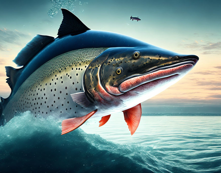 Enormous salmon jumping from ocean under dramatic sky