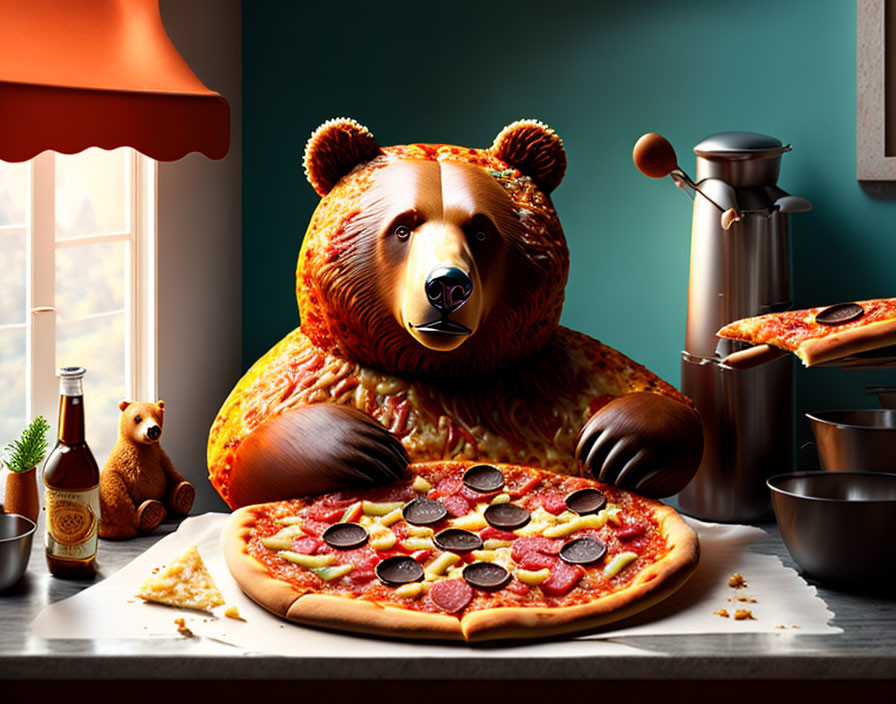 Pizza ingredient bear with toy and utensils in cozy kitchen.