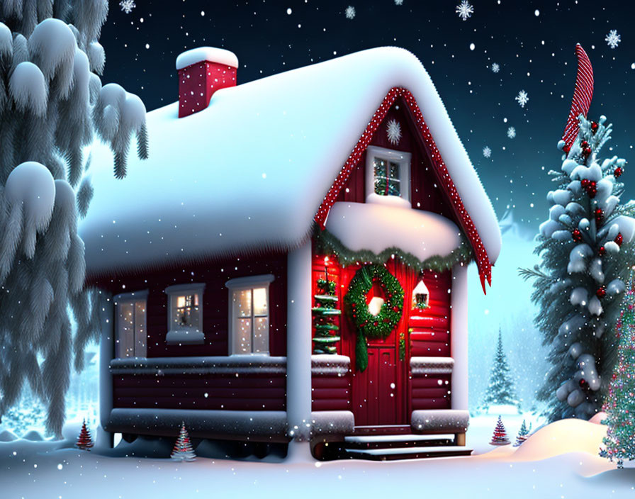 Snow-covered cabin adorned with Christmas lights, wreath, and trees at night