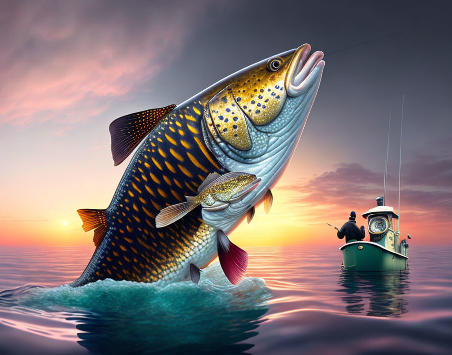 Vivid Sunset Scene: Fish Jumping with Fisherman Boat