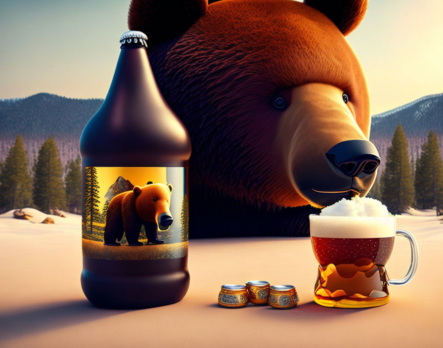 Digital illustration of beer bottle, mug, and bear in snowy landscape