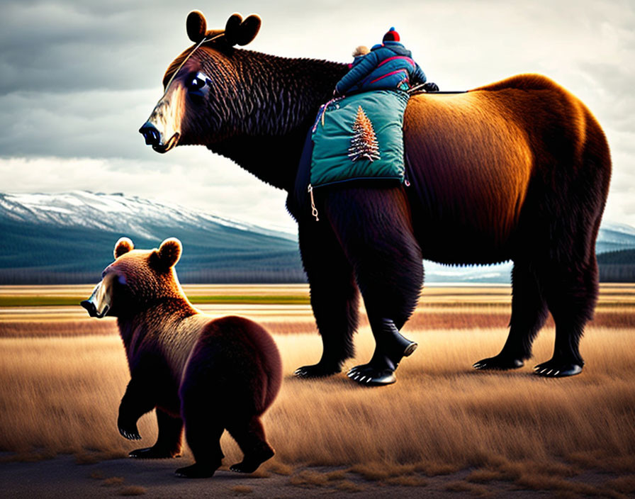 Person riding large bear with smaller bear in grassland landscape.