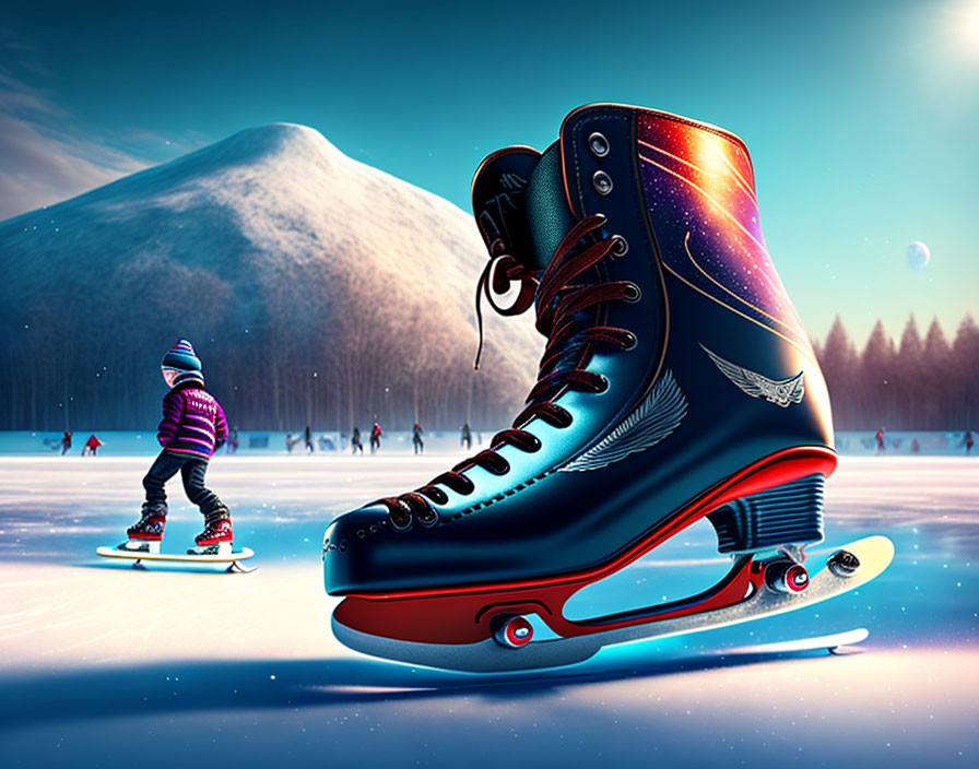 Giant cosmic ice skate in front of ice skaters, mountain backdrop at twilight