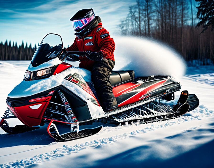 Person in red jacket rides red and black snowmobile in snowy landscape