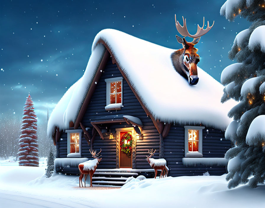 Snow-covered cabin with Christmas decorations and reindeer under starry sky