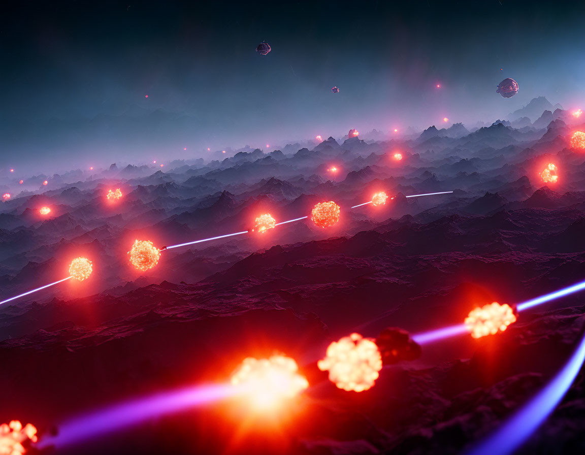 Futuristic landscape with red energy orbs on rocky terrain