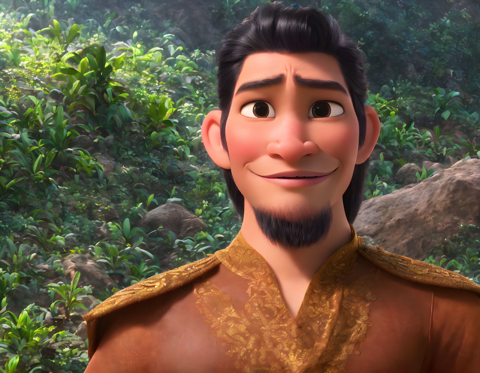 Smiling animated character in royal gold outfit against lush jungle background