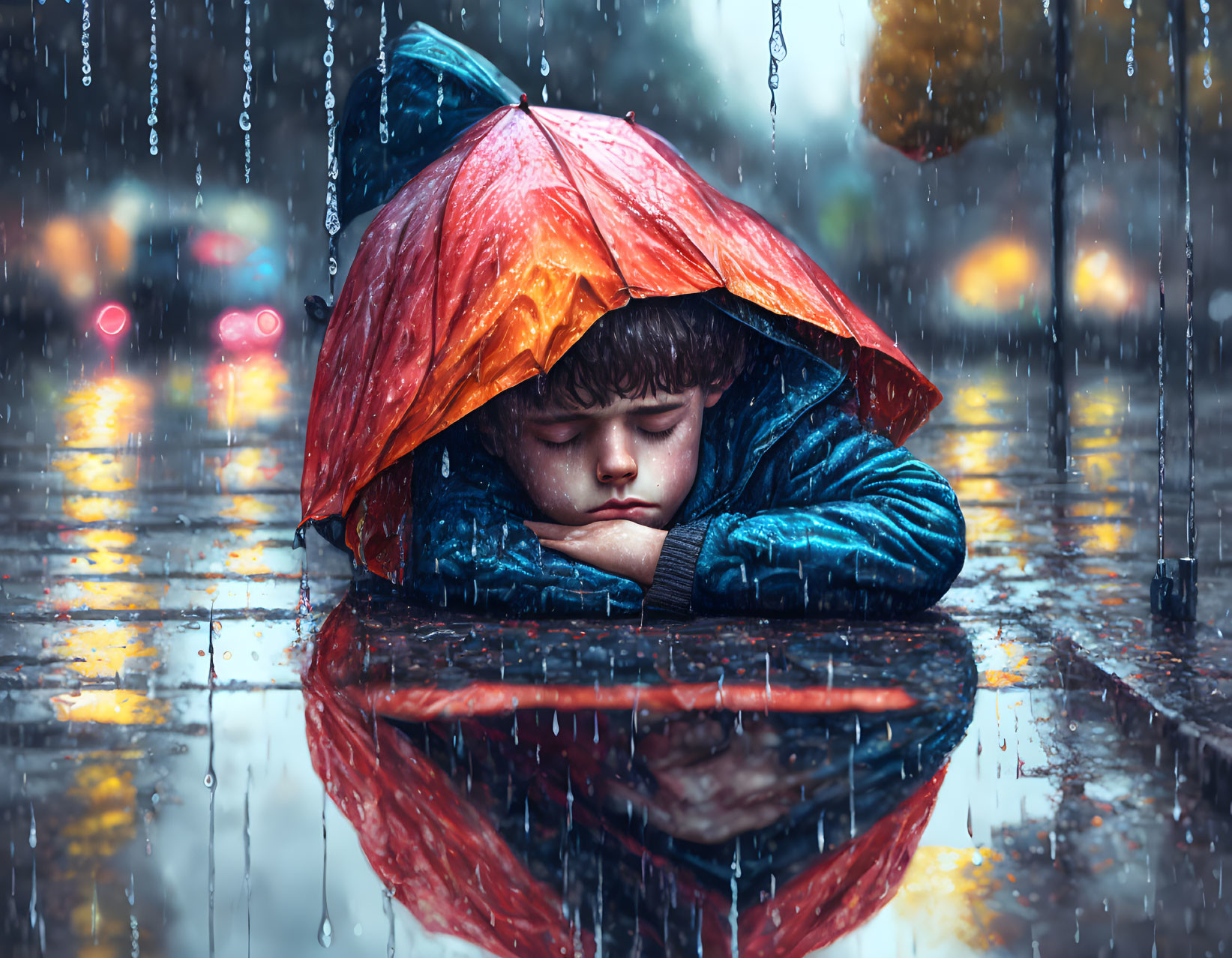 Child holding upside-down umbrella under raindrops on wet surface.