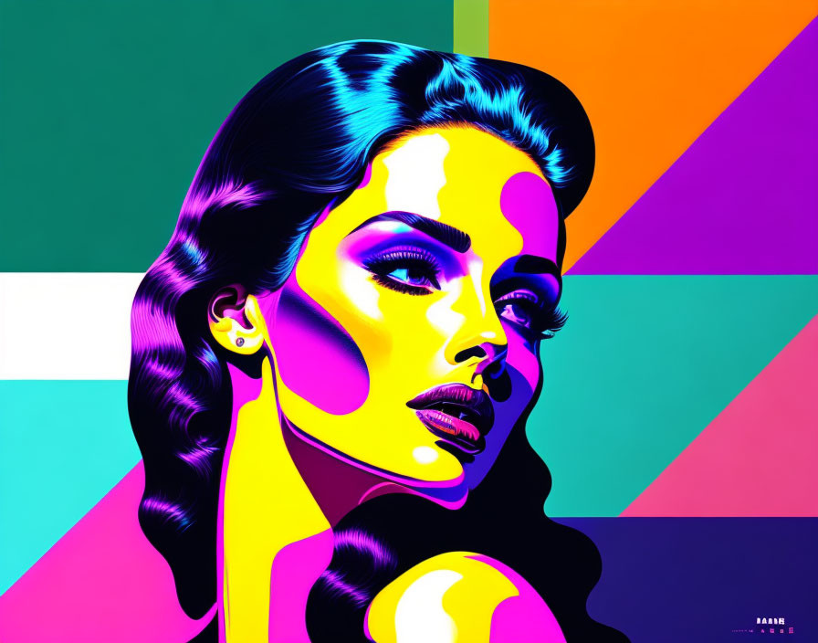 Vibrant pop art illustration of a woman with stylish hair on multicolored backdrop