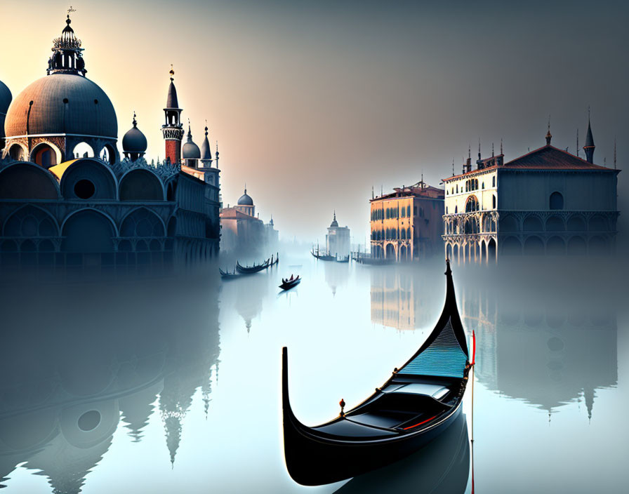 Venetian landscape with gondola, historic architecture, and water reflection.