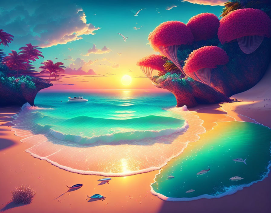 Tropical beach sunset with pink trees, colorful fish, surf & boat