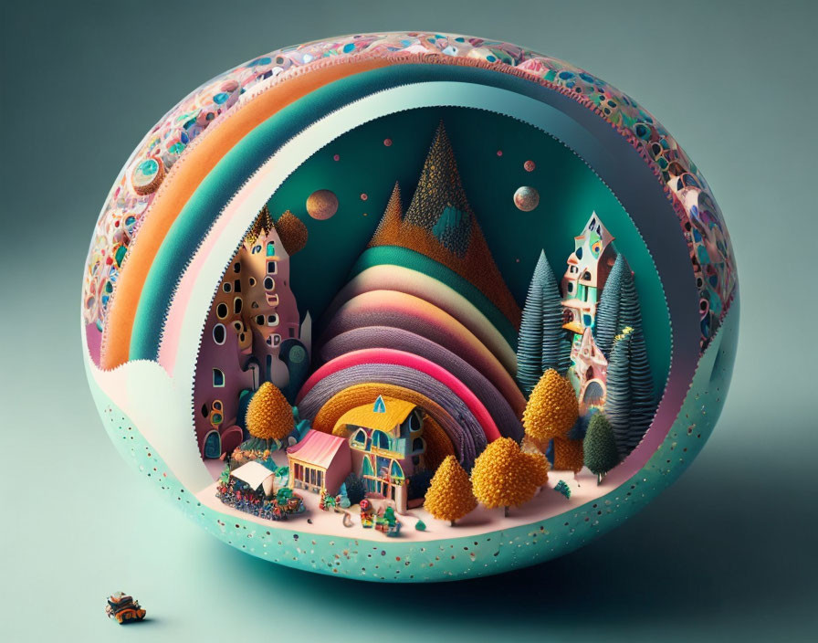 Colorful 3D Miniature Fantasy Land in Egg-shaped Shell