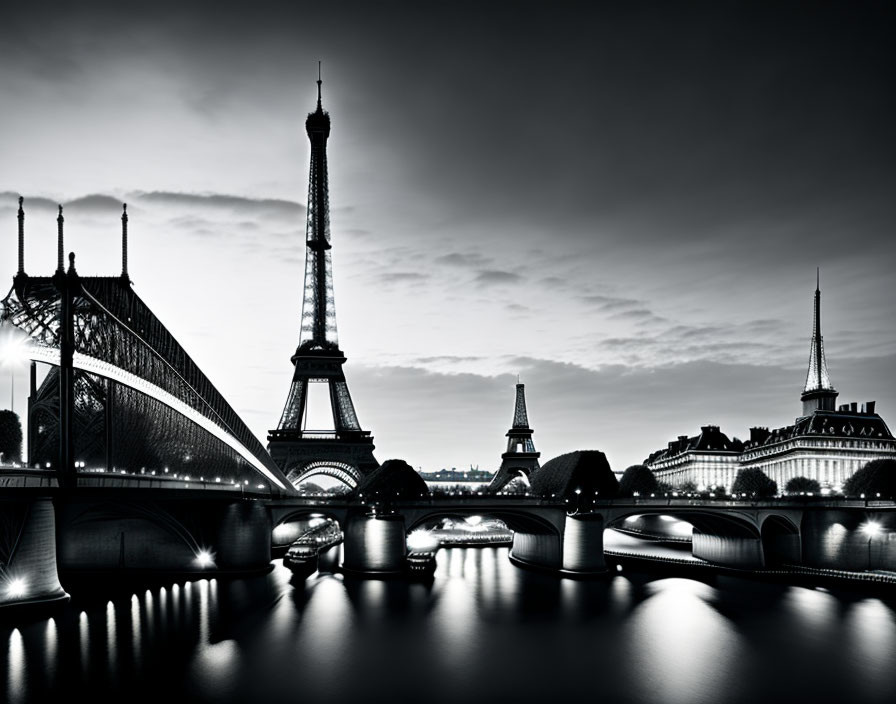 Monochrome silhouette of Eiffel Tower and Parisian architecture at dusk