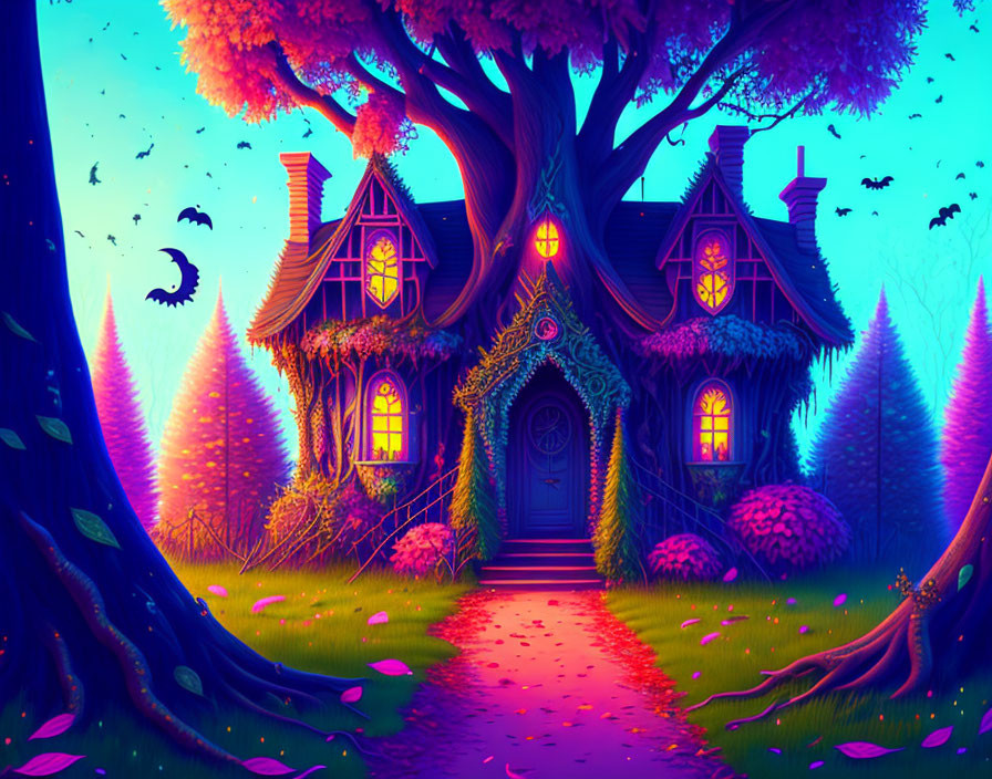 Colorful Twilight Treehouse Illustration in Enchanted Forest