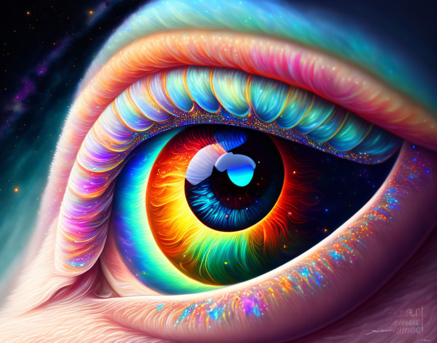 Detailed colorful digital painting of a human eye with vibrant hues and sparkling effects