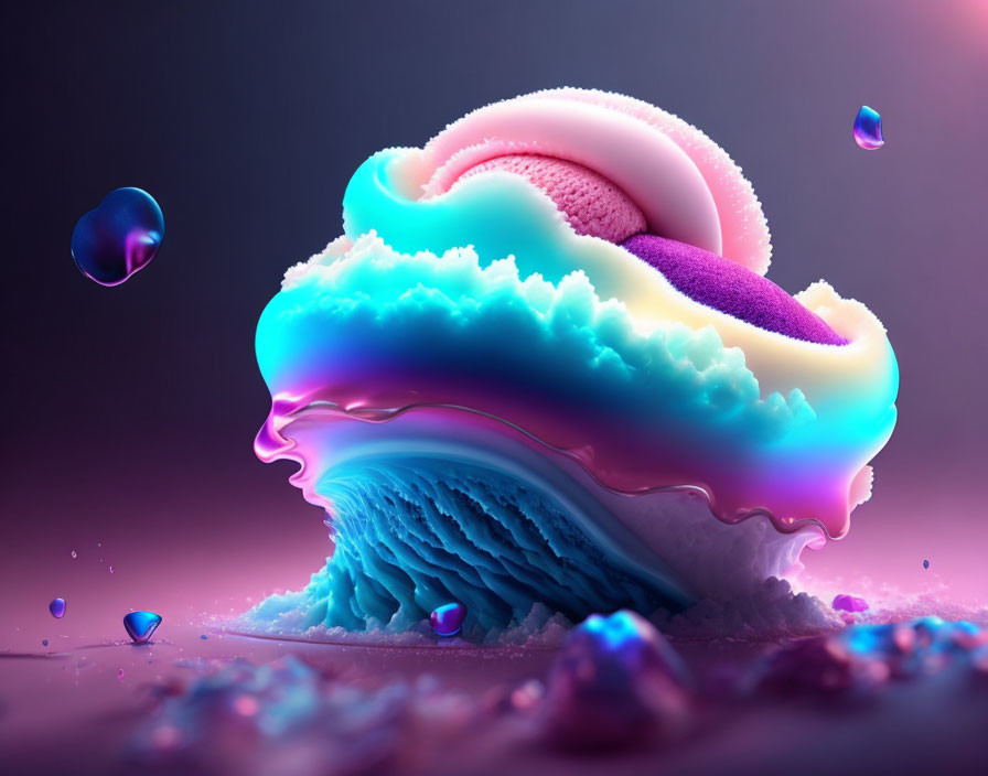 Vibrant surreal artwork with layered cloud-like structure in blue, purple, and pink.