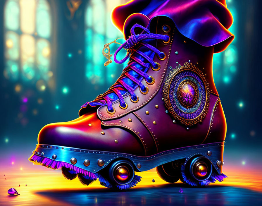 Colorful Roller Skate with Neon Lights on Magical Background