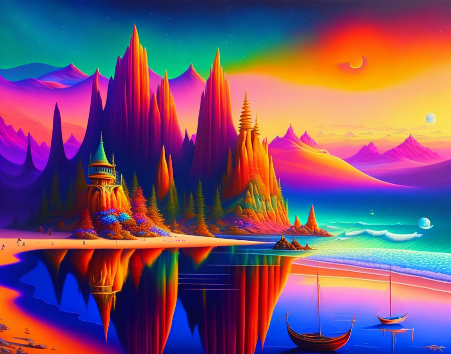 Colorful Mountains, Castle, Crescent Moon, and Calm Lake in Fantasy Landscape