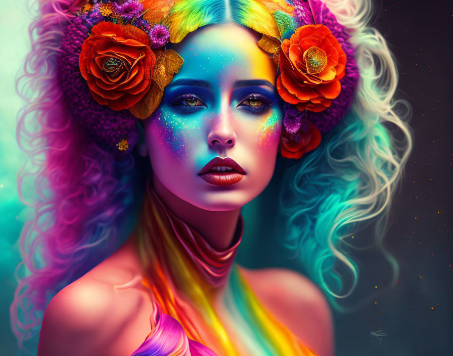 Colorful portrait of a woman with blue skin and rainbow hair wearing an orange flower crown