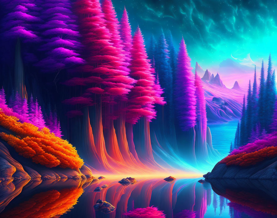 Colorful fantasy landscape with neon-pink and purple trees, calm river, aurora night sky