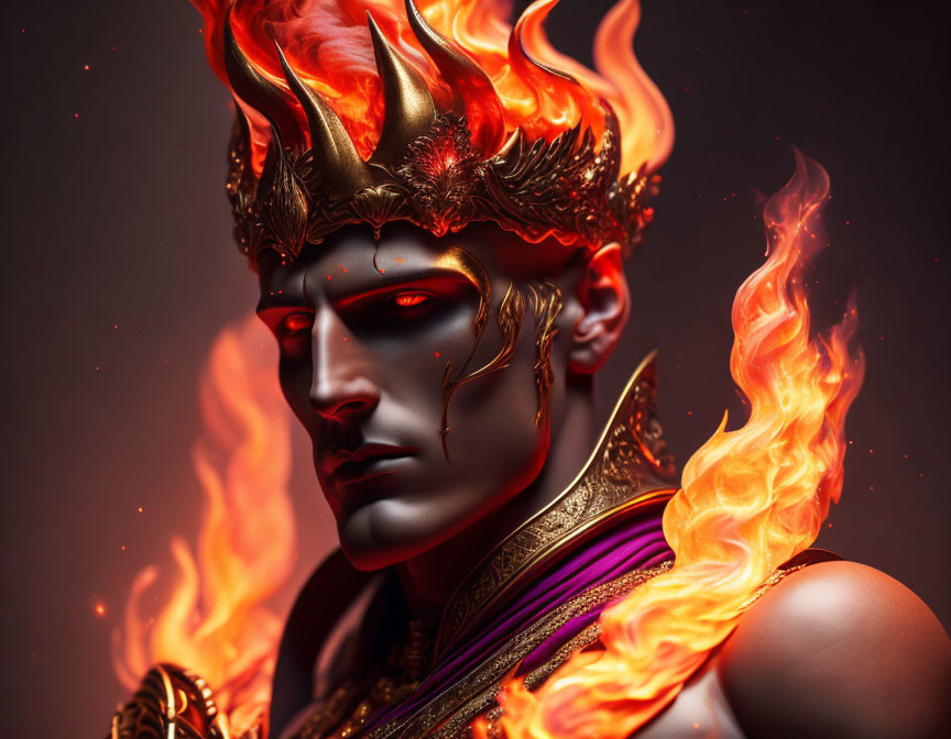 Portrait of an individual with flaming crown and intense gaze in regal attire.