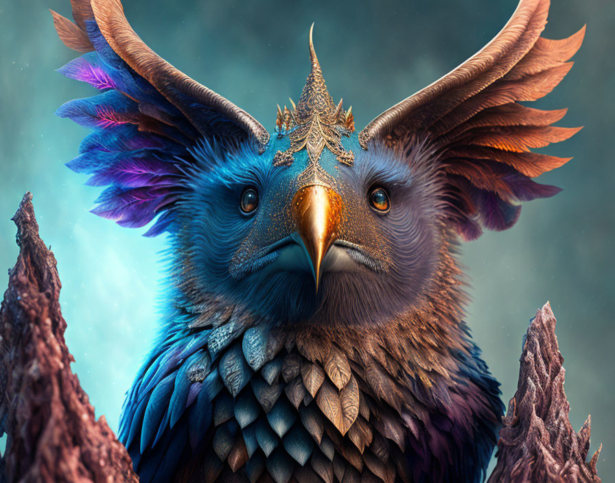 Mythical creature with owl and dragon features, blue feathers, golden horns, intricate crest