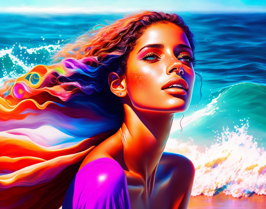 Colorful portrait of a woman with flowing hair by the ocean