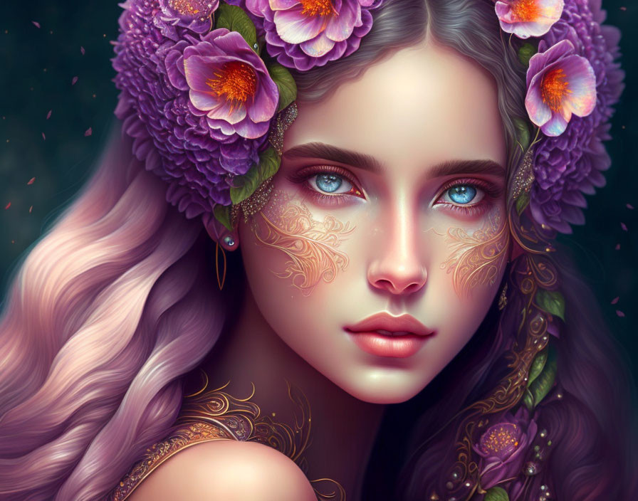 Digital artwork featuring woman with long pink hair, floral tattoos, and golden filigree.