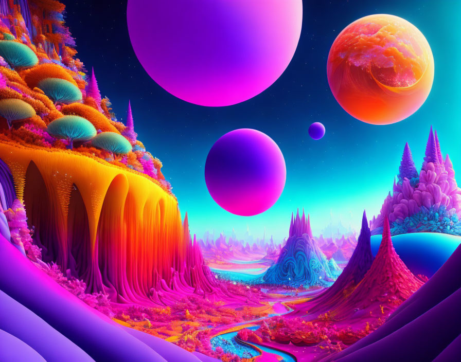 Colorful Alien Landscape with Rivers and Moons