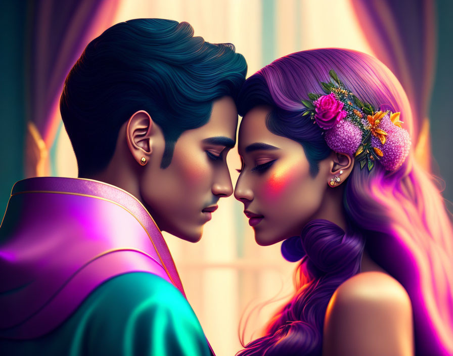 Stylized characters with vibrant hair colors and floral details in intimate interaction.