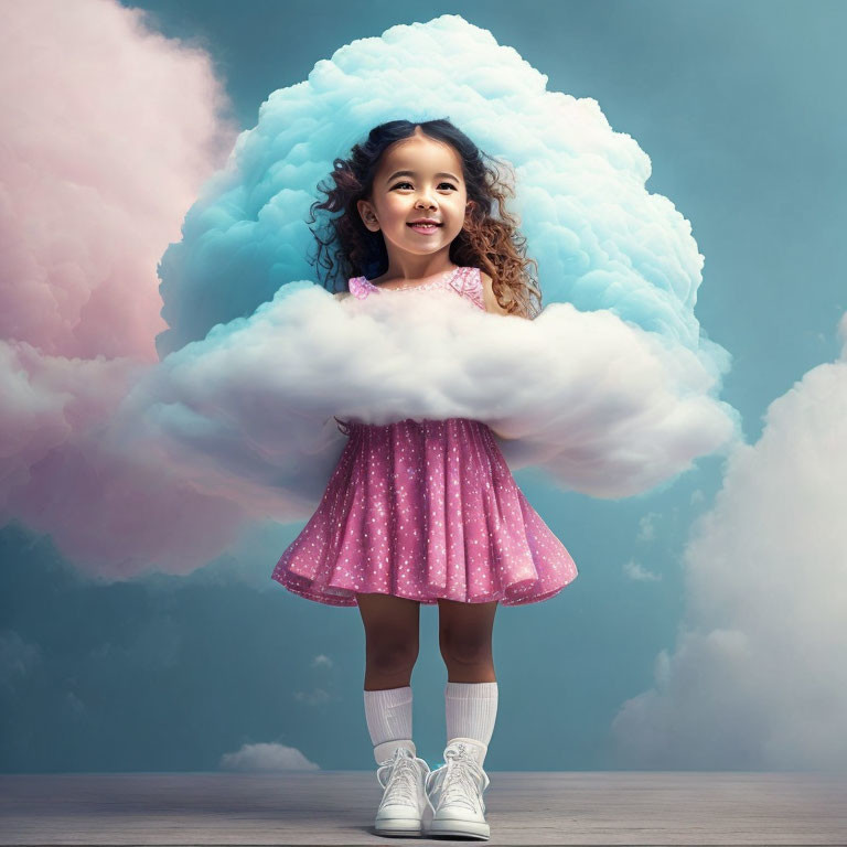 Young girl with curly hair in pink dress and white shoes in playful concept.