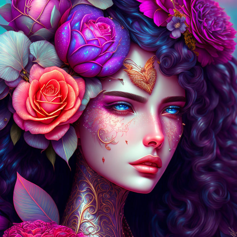 Digital illustration of woman with blue hair and skin, floral patterns, roses, and butterfly.