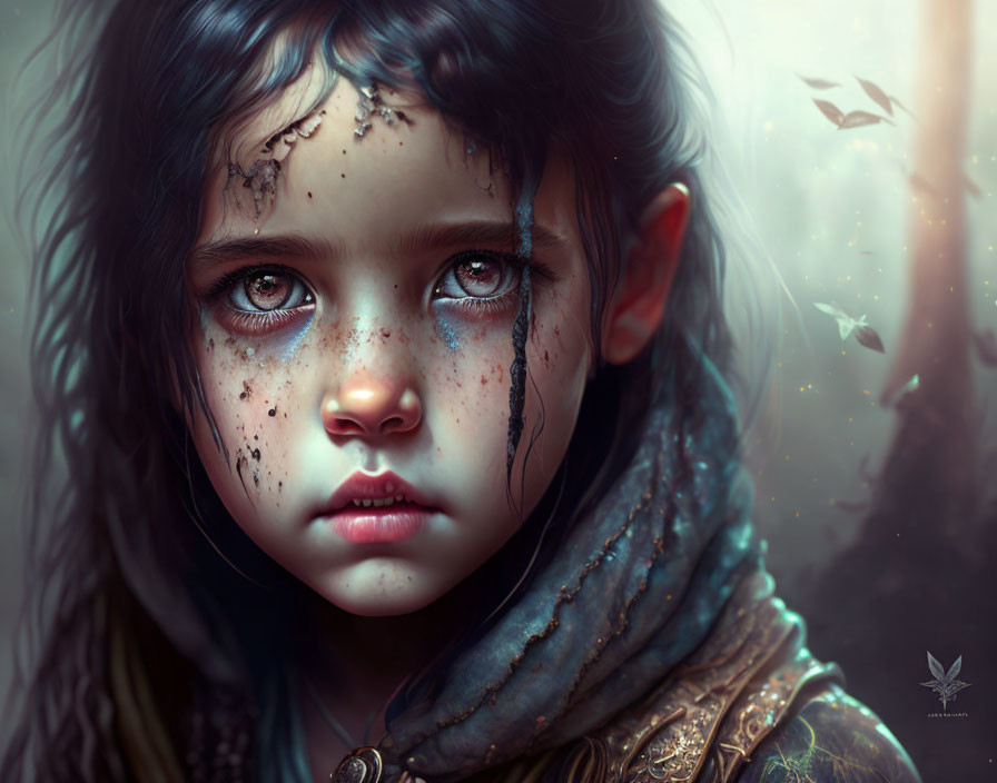 Young girl digital portrait with teary eyes, freckles, and butterflies